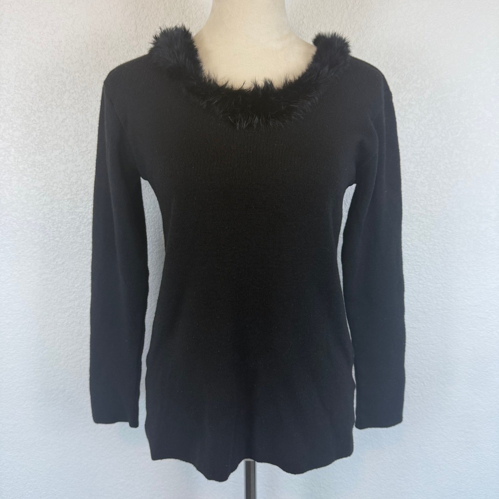 Laura Cavani Italian Black Ribbed Faux Fur‎ Trim Long Sleeve Sweater Womens Sz